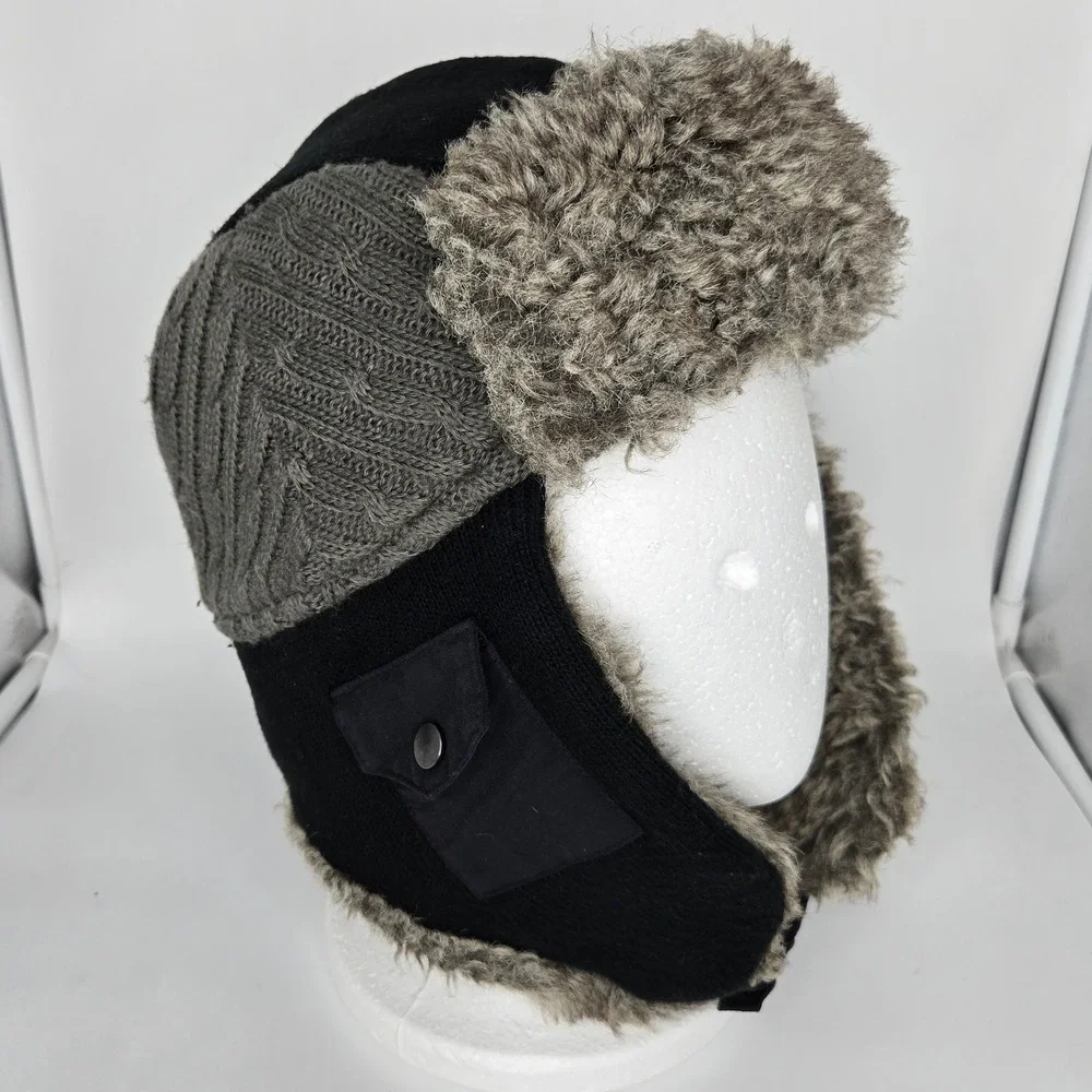 Vtg Rocawear Trapper Hat Faux Fur Ushanka Y2K‎ Cyber Goth Streetwear Black Gray